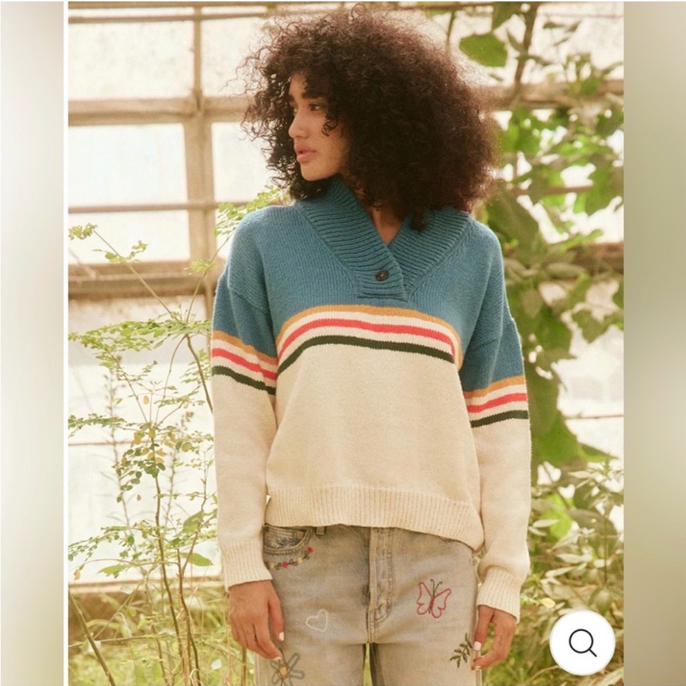 The Great Henley Pullover Shawl Collar Stripe Block Sweater